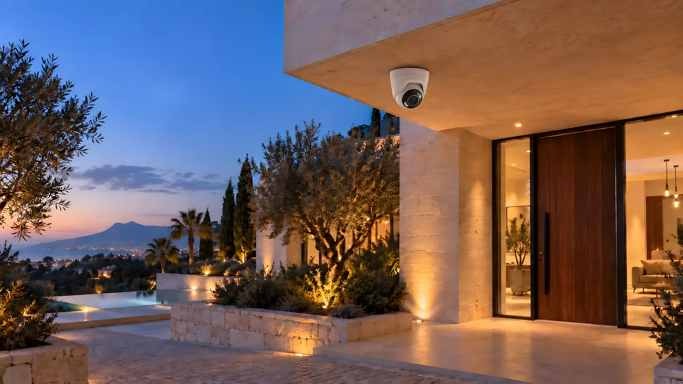 Main entrance of a villa at dusk with video surveillance integrated into the architecture