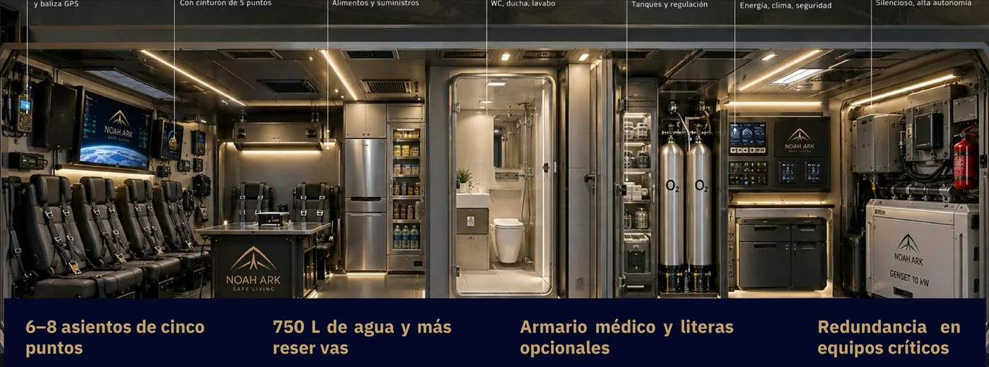 The module end to end: command station, harnessed seats, kitchen and stores, compact bathroom, water tanks and the power and climate cabinet.