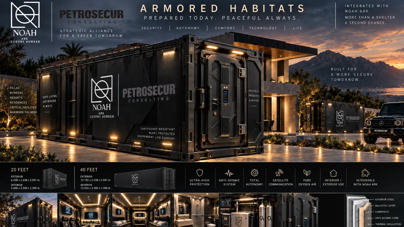 Armored Habitats: the module at dusk, with the 20 and 40 foot series and their interiors.