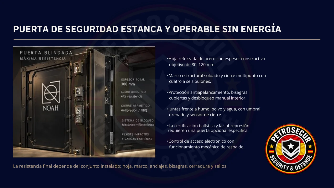 La puerta de seguridad: hoja de 80 a 120 mm, cierre multipunto y funcionamiento mecánico de respaldo.