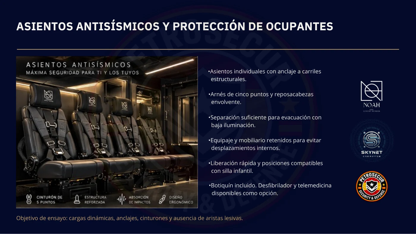 Asientos antisísmicos: anclaje a carriles, arnés de cinco puntos y separación para evacuar.