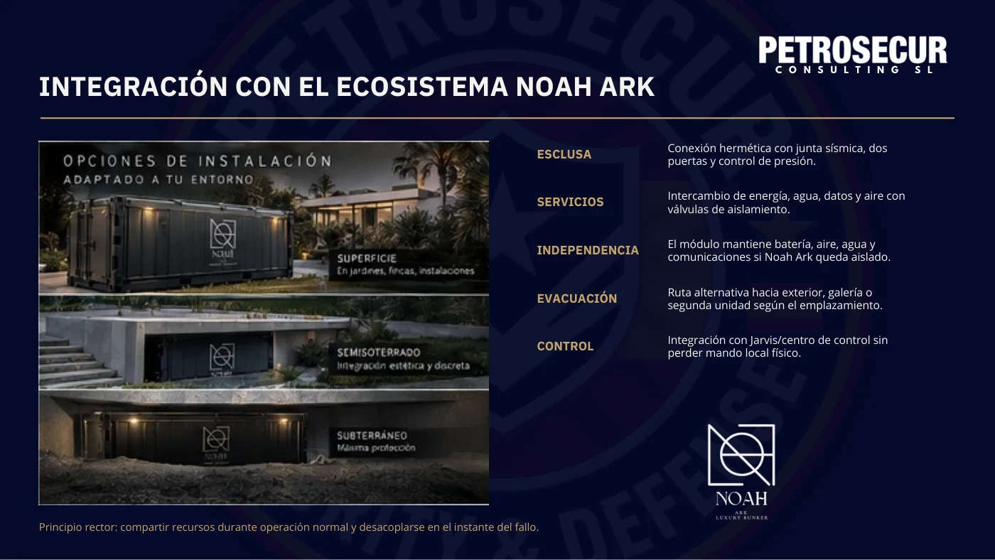 Integración con el ecosistema Noah Ark: esclusa, servicios, control, evacuación e independencia.