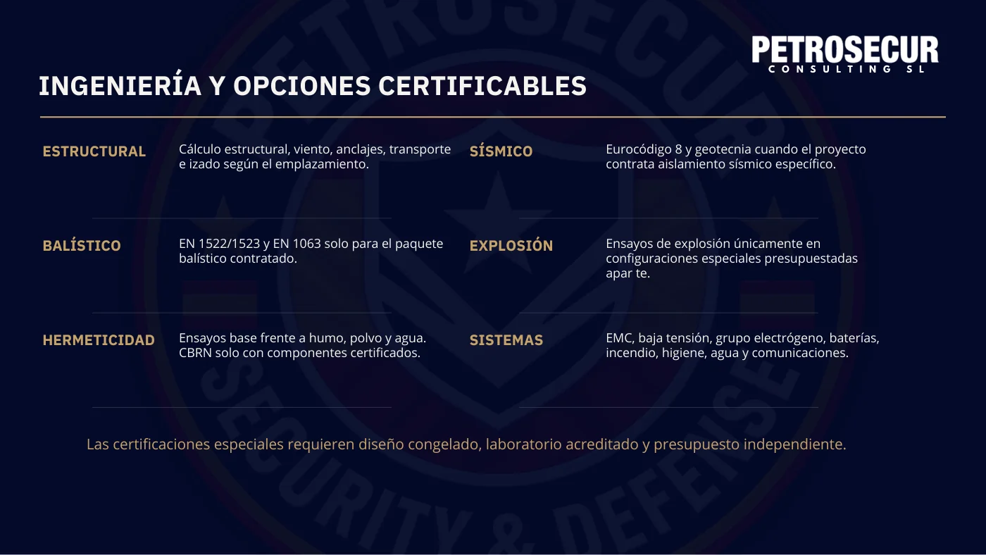 Ingeniería y opciones certificables: estructural, balístico, hermeticidad, sísmico, sistemas y explosión.