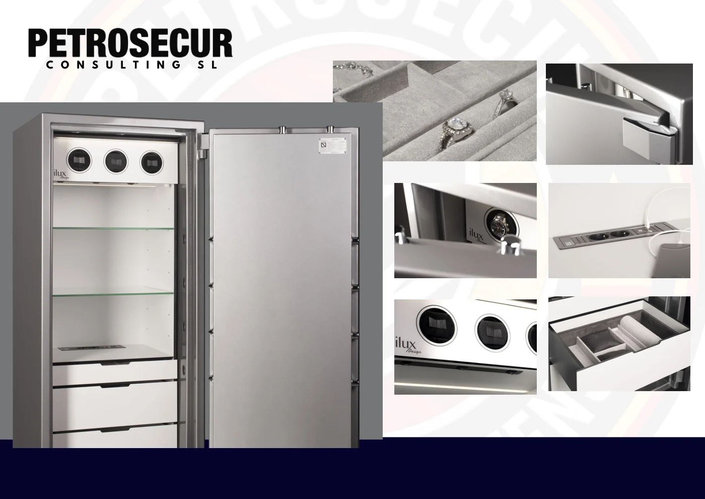 Interior de una caja de seguridad abierta, con los bulones y los cajones a la vista.