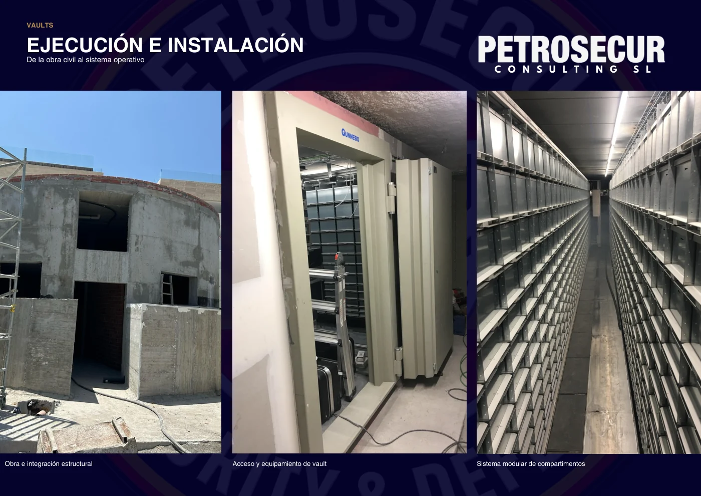 Ejecución e instalación de una cámara acorazada: obra, acceso y sistema de compartimentos.