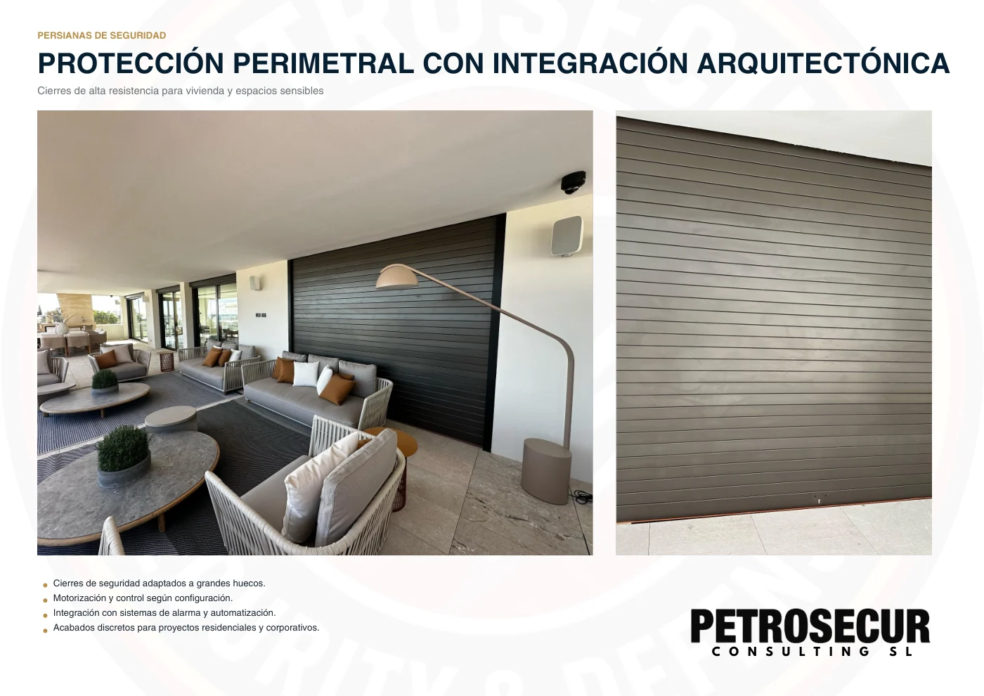 Persianas de seguridad: protección perimetral con integración arquitectónica en salón y fachada.