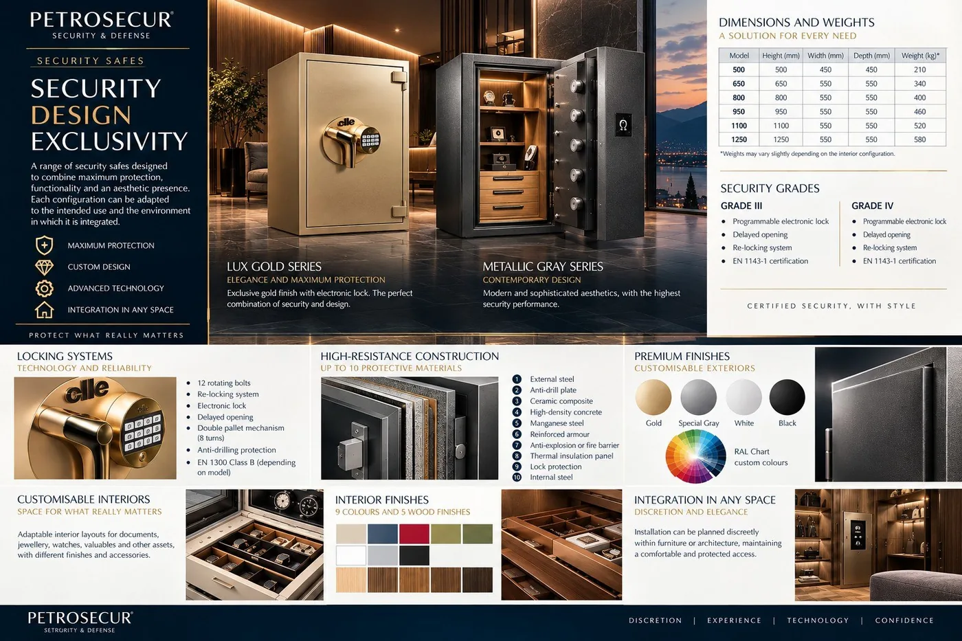 Security design exclusivity: the two safe series with dimensions and security grades.