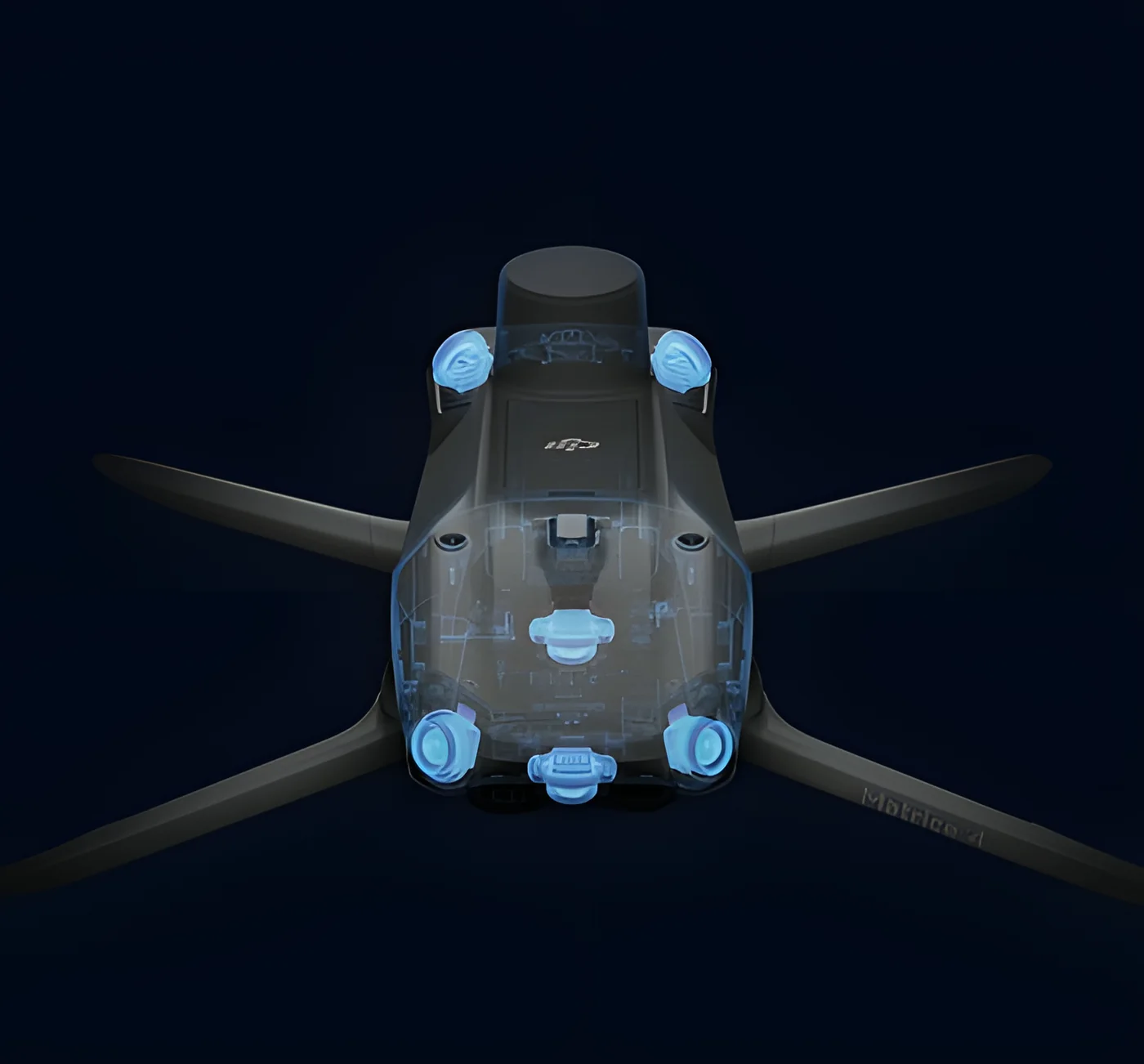 Top-down view of the aircraft with its obstacle-avoidance sensors highlighted.