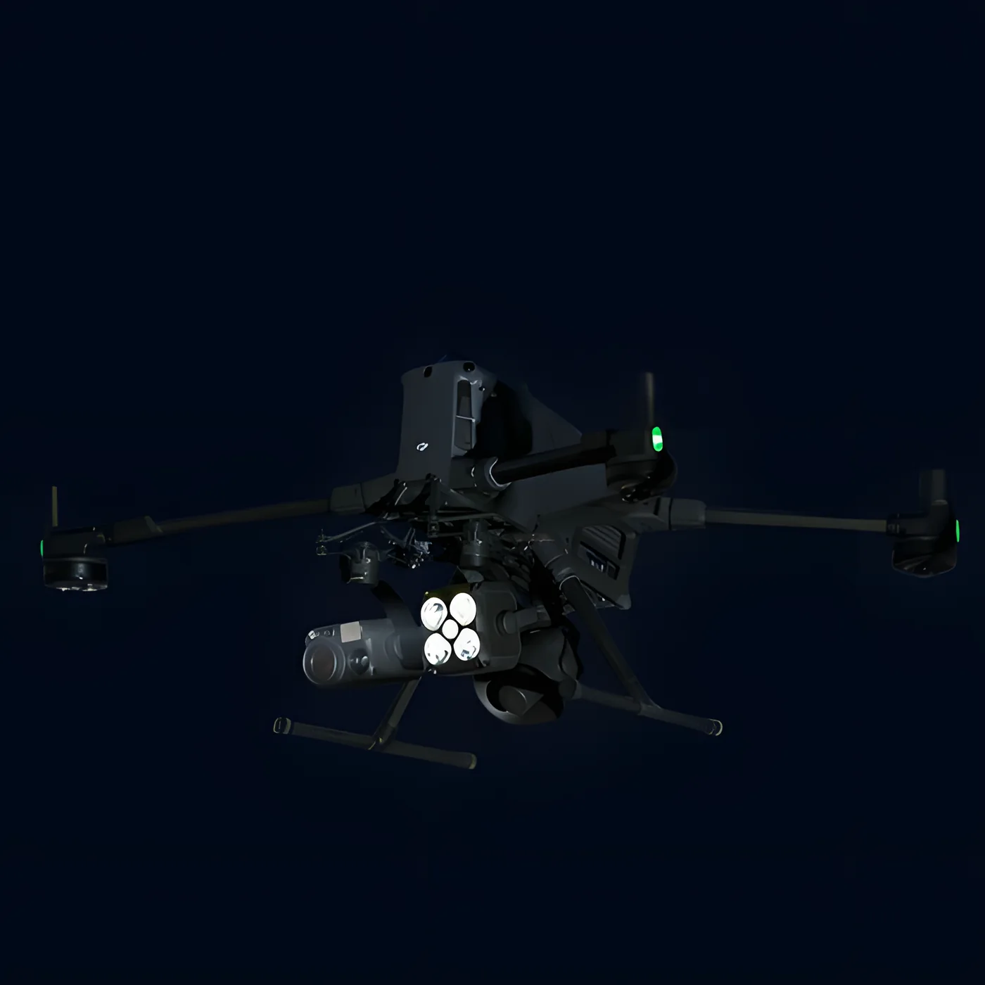 Aircraft in night flight with its position lights on and the sensor head deployed.