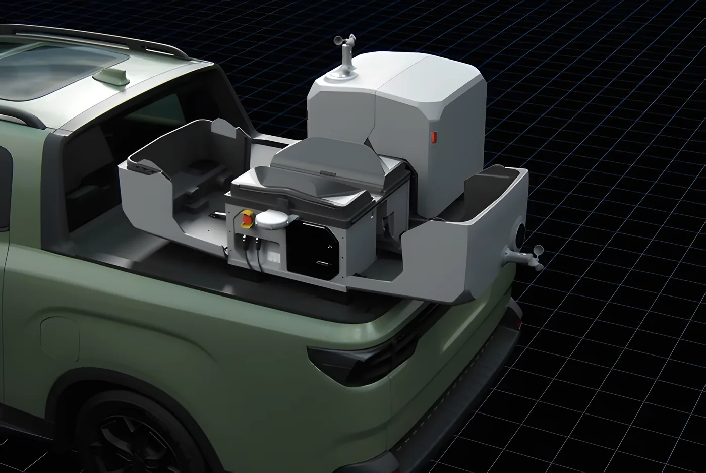 Deployment base mounted on the bed of an off-road vehicle.