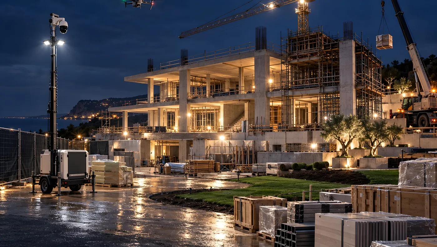 Construction site at night, with a mobile surveillance tower, a drone flying over the site and the crane lit up behind.