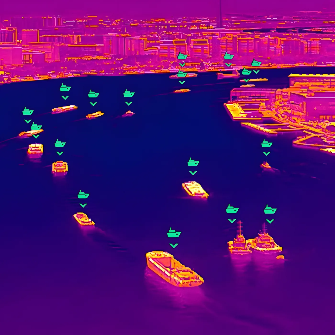 Thermal image of a harbour from the air, with the vessels marked by the analytics.