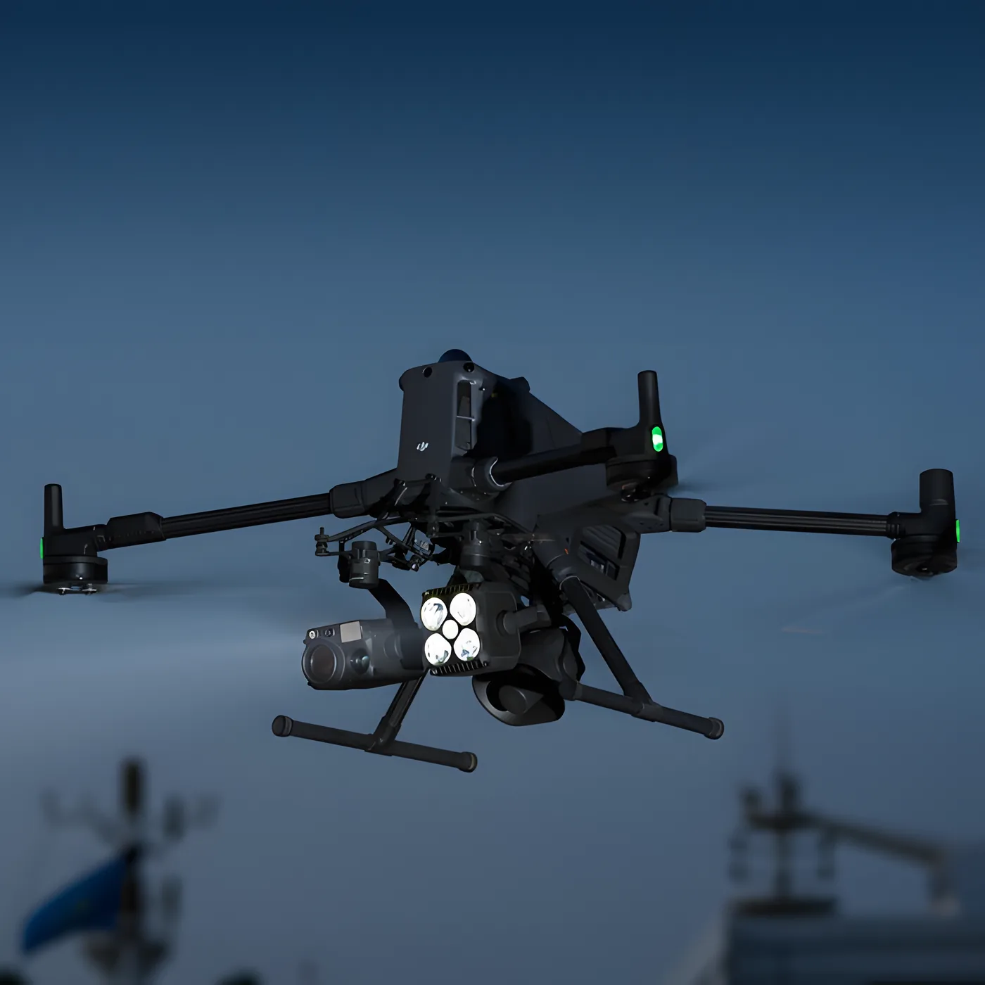 Aircraft in flight with the multi-sensor head mounted under the fuselage.